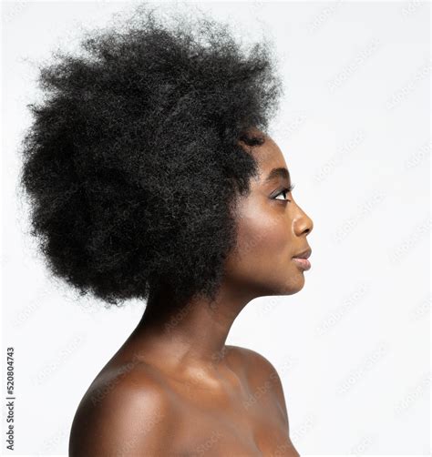 African Beauty Woman Face Profile Natural Curly Afro Hairstyle Over White Isolated Fashion