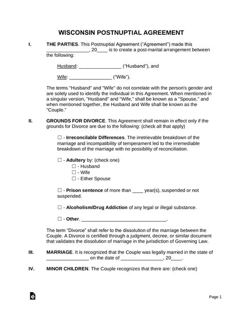 Free Wisconsin Postnuptial Agreement Template Pdf Word Eforms