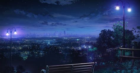 15 Anime Nighttime Wallpaper Brown Wooden Bench Night City Lights