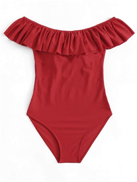 Red Ruffle Off The Shoulder One Piece Swimsuit Bikini Products Red