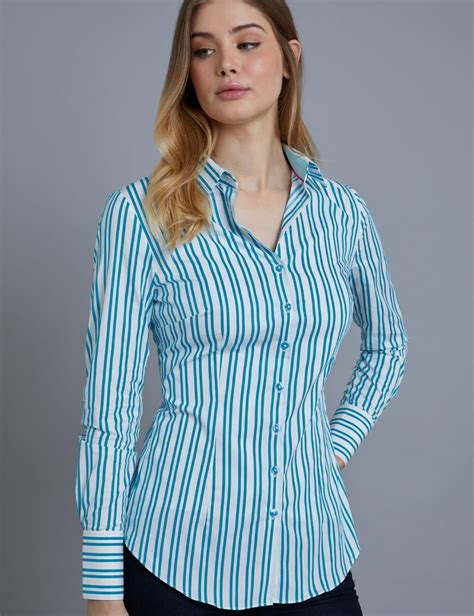 Women S Blue And White Bi Stripe Fitted Shirt Single Cuff Hawes And Curtis