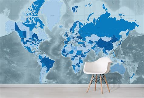 Cool Blue World Map Wallpaper World Map Wall Murals Wallpapered
