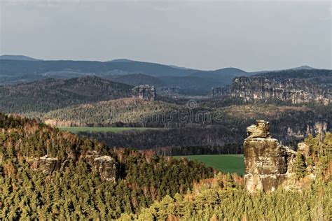 Elbe Sandstone Mountains Lookout In The Evening Light Stock Photo