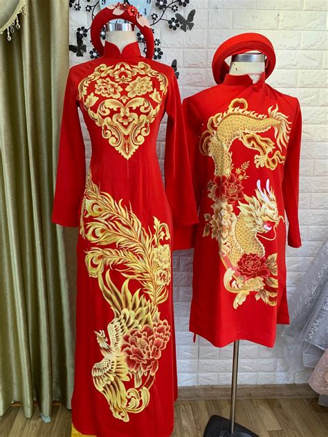 Traditional Vietnamese Wedding Ao Dai In Red With Gold Printed Patterns Dragons Phoenix