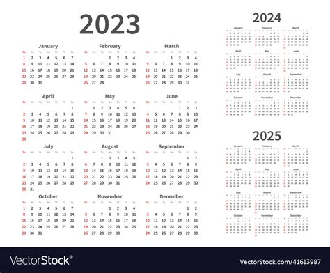 Calendar Grid 2023 2024 2025 Years Graphic Vector Image