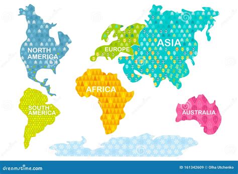 Print Colorful World Map Continents With Patterns A Stock Vector