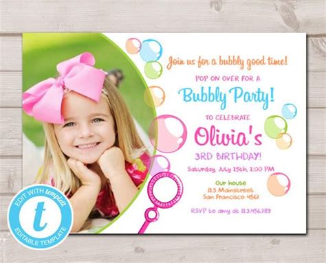 Editable Bubble Birthday Invitation Bubbles Birthday Party Etsy
