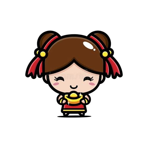 Cute Chinese Girl Cartoon Character Carrying Gold Stock Vector