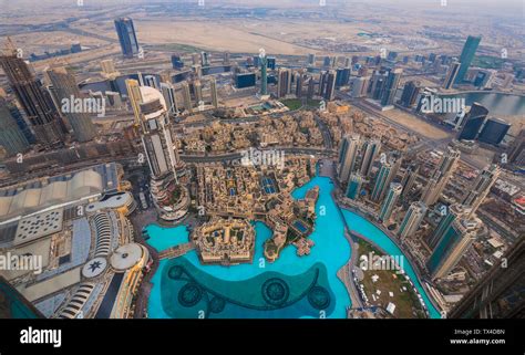 United Arab Emirates Dubai Cityscape With Burj Lake And Souq Al Bahar