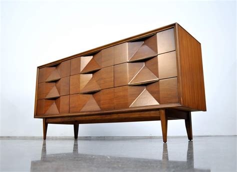 Select Modern Mid Century Modern Diamond Front Walnut And Brass Triple