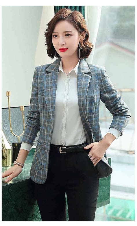 Formal Plaid Blazer Office Women Dresses With Jacket Womens Dress Suit