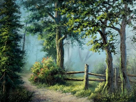 A Painting Of A Path In The Woods With Trees On Either Side And A Fence