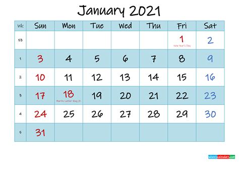 Printable January 2021 Calendar Word Template K21m469 Free