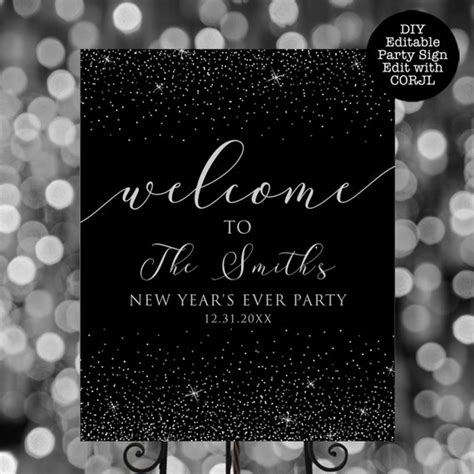 Black And Silver Glitter Party Sign Printable Welcome Sign Etsy