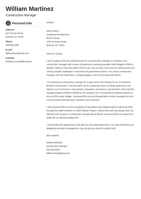 Construction Cover Letter Examples Writing Guide