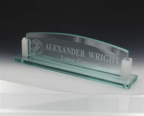 Categories | desk name plates. 10 Inch Glass Desk Name Plate with Silver Aluminum Corners