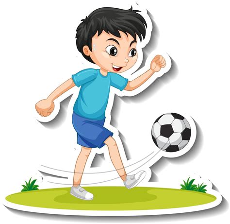 Pegatina De Personaje De Dibujos Animados Con Un Niño Jugando Al Fútbol