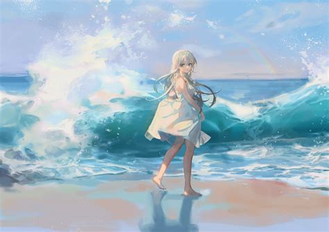 Aqua Eyes Barefoot Beach Ciloranko Clouds Dress Gray Hair Long Hair