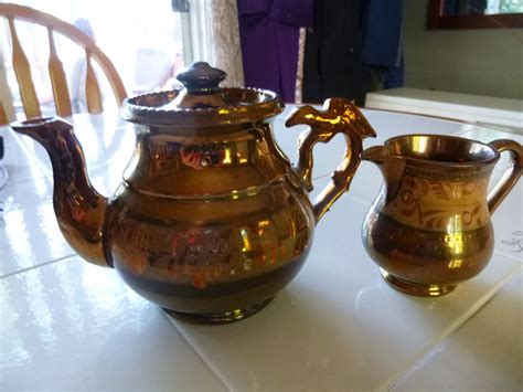 Antique Staffordshire Copper Lustre Teapot And Creamer Tea