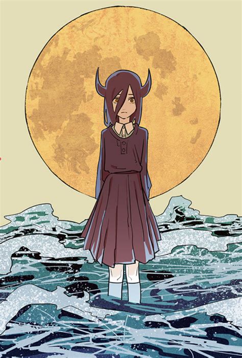An Anime Character Standing In The Ocean With A Full Moon Behind Her