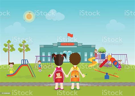 Kids Playing On Playground With Equipment Stock Illustration Download