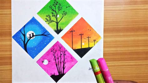 4 Type Of Scenery Drawing Easy Oil Pastel Drawing For Beginners
