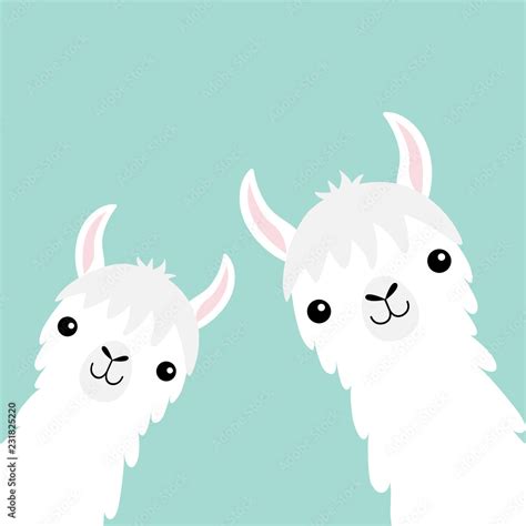 Two Llama Alpaca Animal Set Face Neck Fluffy Hair Fur Cute Cartoon