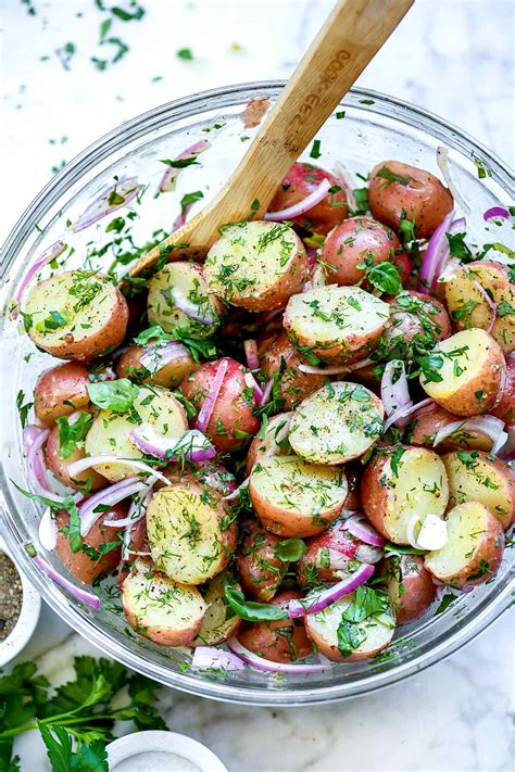 This recipe can be adjusted for your family size. No-Mayo Potato Salad with Herbs | foodiecrush .com