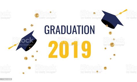 Graduate Caps And Gold Glitter Confetti On A White Background Stock