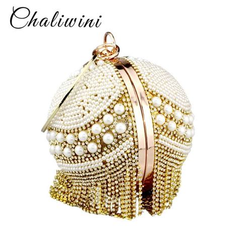 Chaliwini New Design Silver Tassel Bowling Round Shape Totes Bag Beaded Pearl Striped Flower