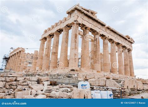 The Famous Parthenon On Acropolis Hill Under Reconstruction Surrounded