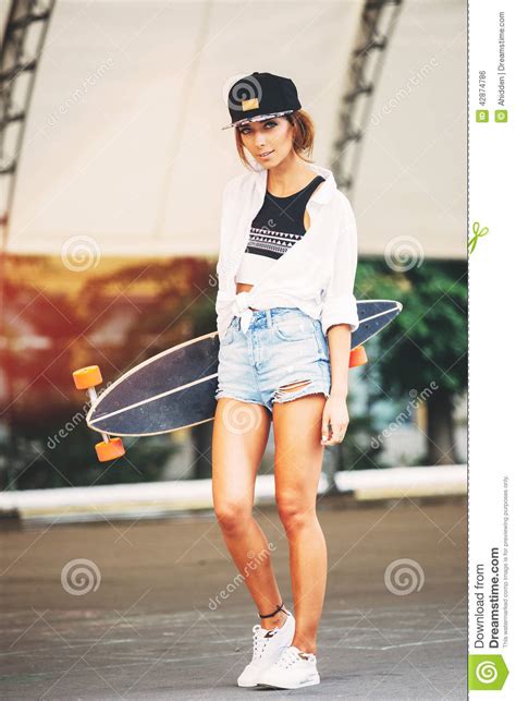 Fashion Lifestyle, Beautiful Young Woman With Longboard ...