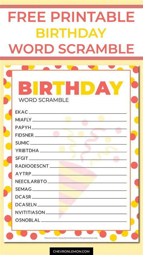 Free Printable Birthday Word Scramble In 2021 Free Games