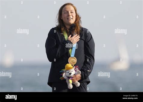 Eva Fabian Of The Us Celebrates With Her Gold Medal Following The Womens Open Water Swimming