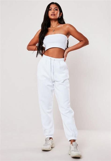 Missguided White Bandeau Top And 90s Joggers Set White Bandeau Top