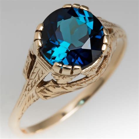 Vivid Blue Green Tourmaline Gemstone 1940s 9k Gold Ring