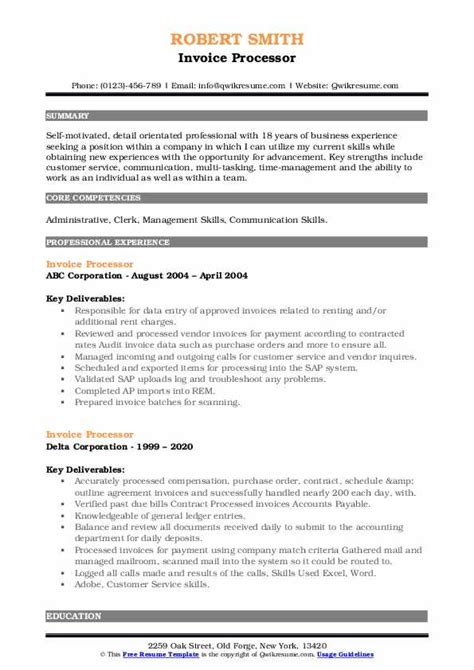 Invoice Processor Resume Samples Qwikresume