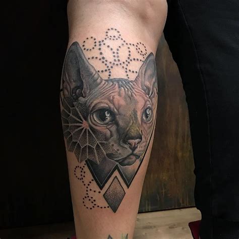 Realistic Sphinx Cat With Geometric Details By Linn Tattoos