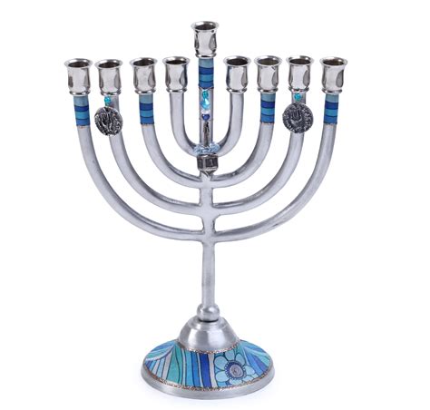 Judaica Decorative Blue And Aluminium Hanukkah Menorah With Dreidel Charm