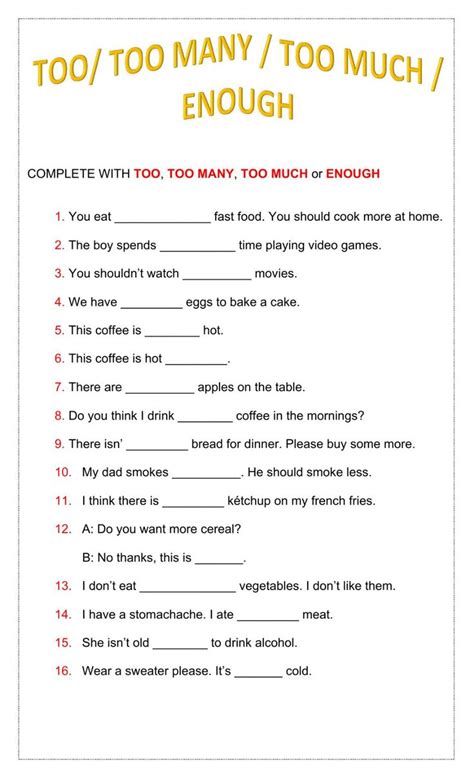 Tootoo Muchtoo Manyenough Online Worksheet For Pre Intermediate You