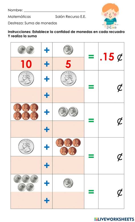 Suma De Monedas Interactive Worksheet Videos Tutorial Workbook