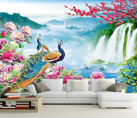 3d Beautiful Peacock And Waterfall 1 Aj Wallpaper
