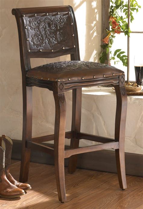 Imperial Barstool With Tooled Leather Set Of 2 Western Bar Stools