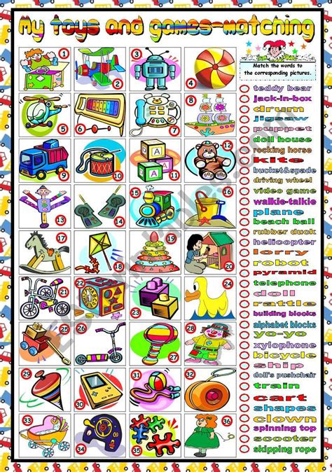 Toys And Games Matching Bandw Version Included Esl Worksheet By Katiana