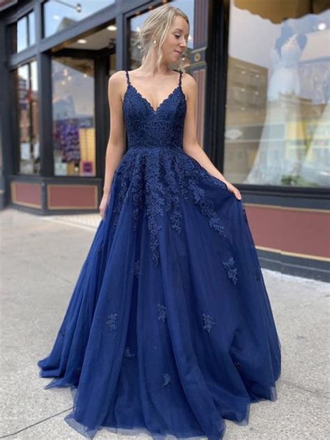 A Line V Neck Backless Navy Blue Lace Prom Dresses 2020 Backless Navy