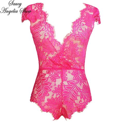 Saucy Angelia Rompers Womens Jumpsuit Sexy Rose Deep V Lace Bodysuits Bodycon Bandage Party