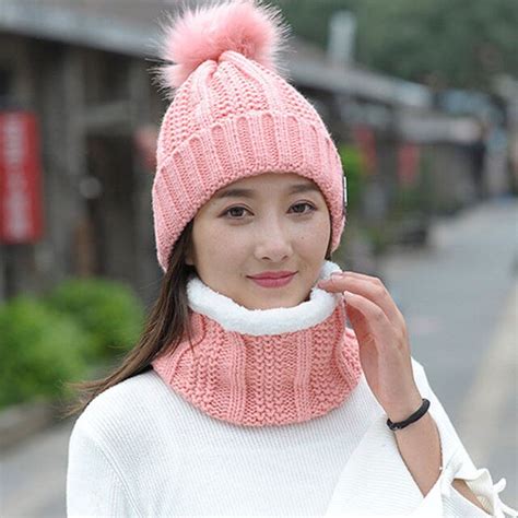 2pcs Scarf Hat Set Women Ladies Winter Warm Solid Pompoms Knitted Soft Caps And Scarves Black