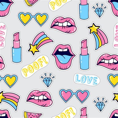 Premium Vector Fashion Patch Badges Seamless Pattern Lipstick Heart