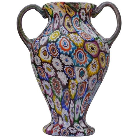 Murano Millefiori Glass Double Handled Monumental Vase Fratelli Toso 1920s Vase Millefiori
