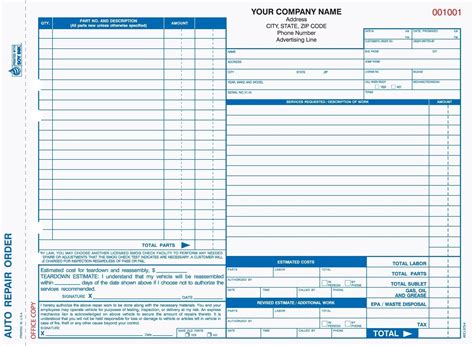 Part Auto Repair Order Forms With Carbon Valid In California